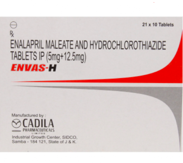 Front and back image of a box of Enalapril (5mg) + Hydrochlorothiazide (12.5mg) Generic Tablets