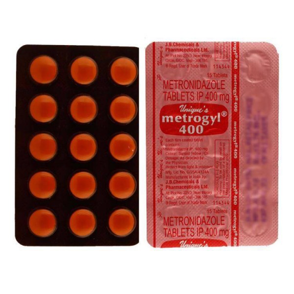 Back and front of generic blister strip of metronidazole 400mg tablet