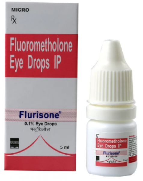 A box and a dropper bottle of Flarex 0.1 Percent 5ml generic Eye Drop - Fluorometholone