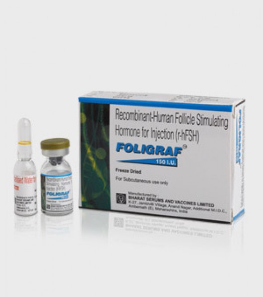 A box and a vial of Recombinant Human follicle stimulating hormone 150IU Injection (R-HFSH)