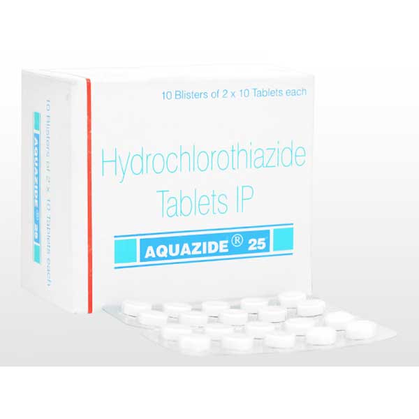 A box and a blister of generic Hydrochlorothiazide 25mg tablets