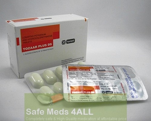 Box and t1o blisters of generic Hyzaar 100/25mg Tablets - Losartan Potassium-Hydrochlorothiazide