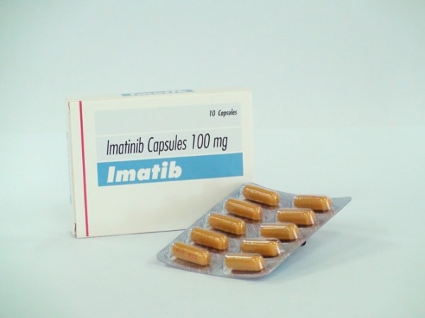 A box and a strip pack of generic Imatinib Mesylate 100mg Tablets