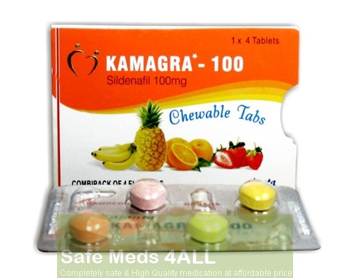 A box and a blister of generic Viagra (Kamagra) Chewable Tablets 100mg - Sildenafil Citrate