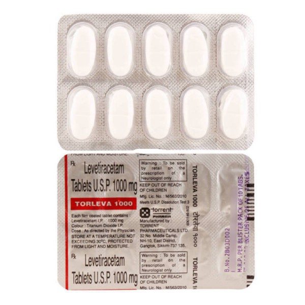 Front and back of generic Levetiracetam 1000mg tablet blister strips