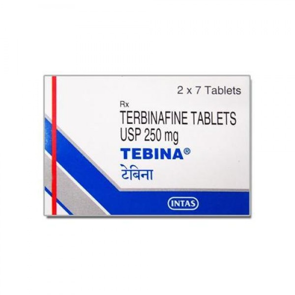 A box of generic terbinafine 250mg tablets