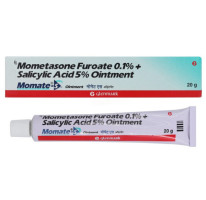 A pack and a strip of generic Mometasone (0.1%) + Salicylic Acid (5%) Ointment