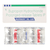 A box and a blister pack of generic Bupropion Hydrochloride Extended-Release 150mg tablet