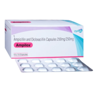 A box and a strip of generic Ampicillin (250mg) + Dicloxacillin (250mg) Capsules
