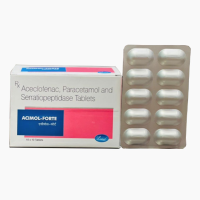 A box and strip of Aceclofenac (100mg) + Paracetamol (500mg) + Serratiopeptidase (15mg) Tablets