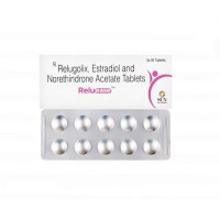 A pack and a strip of Relugolix (40mg) + Estradiol (1mg) + Norethindrone (0.5mg) Tablet