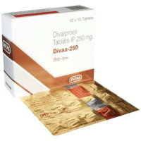 A box and a strip of Divalproex (250mg) Tablet