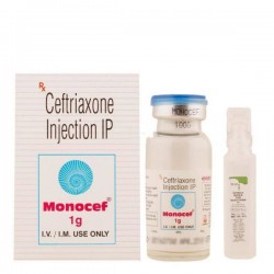 A box pack and a vial of Rocephin 1gm generic Injection - Ceftriaxone