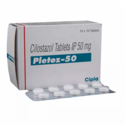 A box and a strip of Pletal 50 mg Generic tablets - Cilostazol