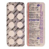 Front and backside of a blister strip of Glucophage 250mg Generic tablets - Metformin HCl