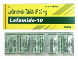 A box and a blister strip of generic Leflunomide 10mg tablet