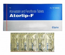 A box and a strip of Atorvastatin (10mg) + Fenofibrate (145mg) generic tablets