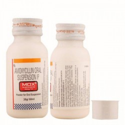 Front and back side of plastic bottle of generic Amoxycillin Oral Suspension 250mg Dry Syrup 60ml