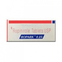 A box of generic Ropinirole 0.25 mg Tablet