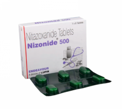 Blister strip and a box of generic Nitazoxanide 500 mg Tablet