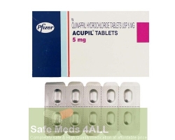 Box and a strip of generic Accupril 5mg Tablets - quinapril hydrochloride