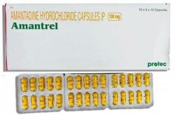 A box and three strips of generic Amantadine HCL 100mg tablets
