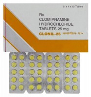 A box and 4 strips of generic Clomipramine 25mg tablets