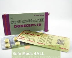 A box and blister pack of generic Donepezil HCl 10mg tablets