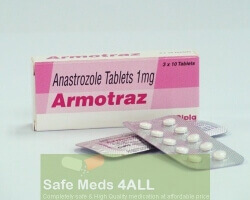 A box and a blister pack of generic Anastrozole 1mg tablets