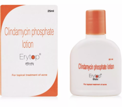 A box and a bottle of Clindamycin 1% Lotion