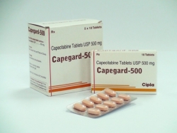 Two boxes and blister pack of generic capecitabine 500mg Tablets