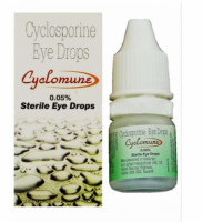 A box and eye drops bottle of generic Cyclosporine .05 percent Eye Drops of 3 ml