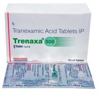 A box and a blister of generic Tranexamic Acid (500mg) tablets