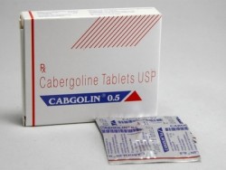 A box and a blister of generic Cabergoline 0.5 mg tablets