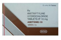 A box of generic amitriptyline 10 mg tablets