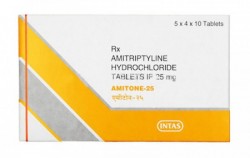 Box of generic amitriptyline 25mg tablets