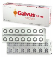 A box and front, back side of a strip of generic Vildagliptin 50mg tablets
