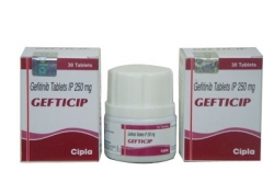 Two boxes and a plastic bottle of generic Gefitinib 250mg Tablets