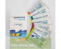 A box and few sachets of generic Viagra (Kamagra) Oral Jelly 100mg Week Pack with 7 flavours