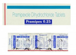 A box and a strip of generic Pramipexole 0.25 mg Tablets