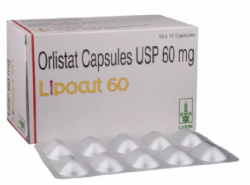 A box and a strip of generic Orlistat 60mg Capsule