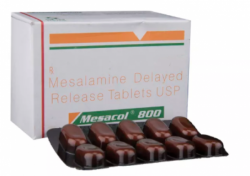 A box and and a strip of generic Mesalamine 800 mg Tablet