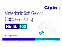 A box of Nintedanib 100mg Generic Capsules