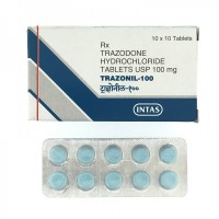 A box and a blister of generic trazodone 100mg tablets
