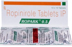 Box and a strip of generic ropinirole 0.5 mg tablets