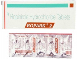 A box and a blister of generic ropinirole 2mg tablets