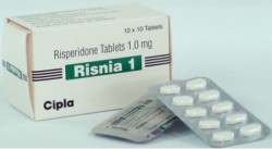 A box and two strips of generic risperidone 1 mg Tablets