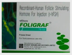 A box of Recombinant Human follicle stimulating hormone 75IU Injection (R-HFSH)
