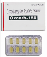 A box and a strip of generic Oxcarbazepine 150mg Tablet