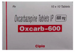 A box of generic Oxcarbazepine 600mg Tablet